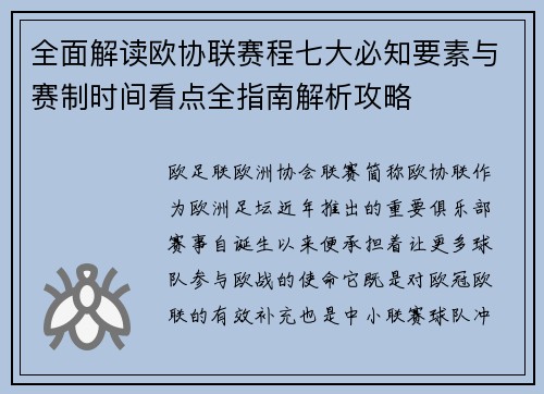 全面解读欧协联赛程七大必知要素与赛制时间看点全指南解析攻略